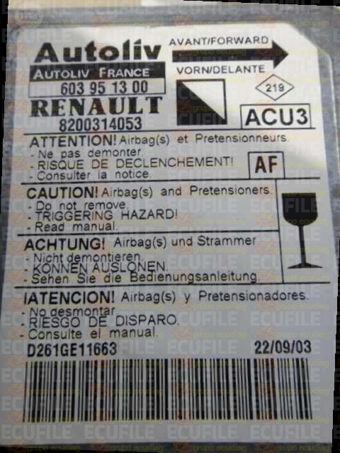 AUTOLIV ACU3 603951300 RENAULT KANGOO I 8200314053 AF EEPROM 95080