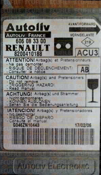AUTOLIV ACU3 606083300 RENAULT KANGOO I 8200410188 AB EEPROM 95080