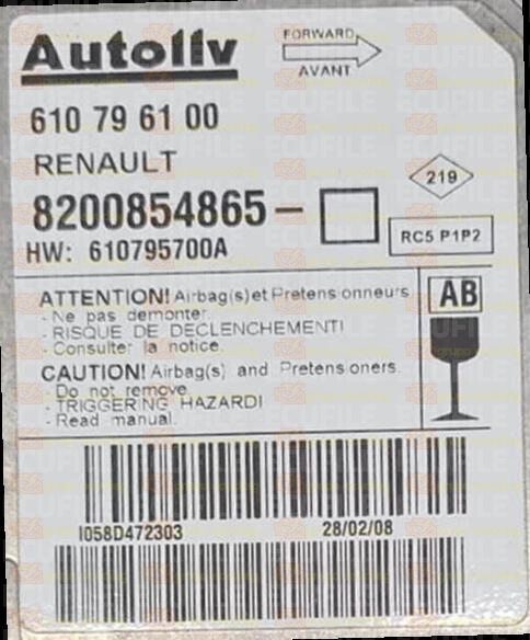 AUTOLIV RC5 P1P2 610796100 RENAULT CLIO III  8200854865 AB EEPROM 95640