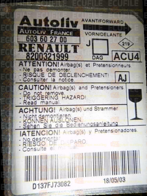 AUTOLIV ACU4 603602700 RENAULT SCENIC II 8200321999 AJ EEPROM 95160
