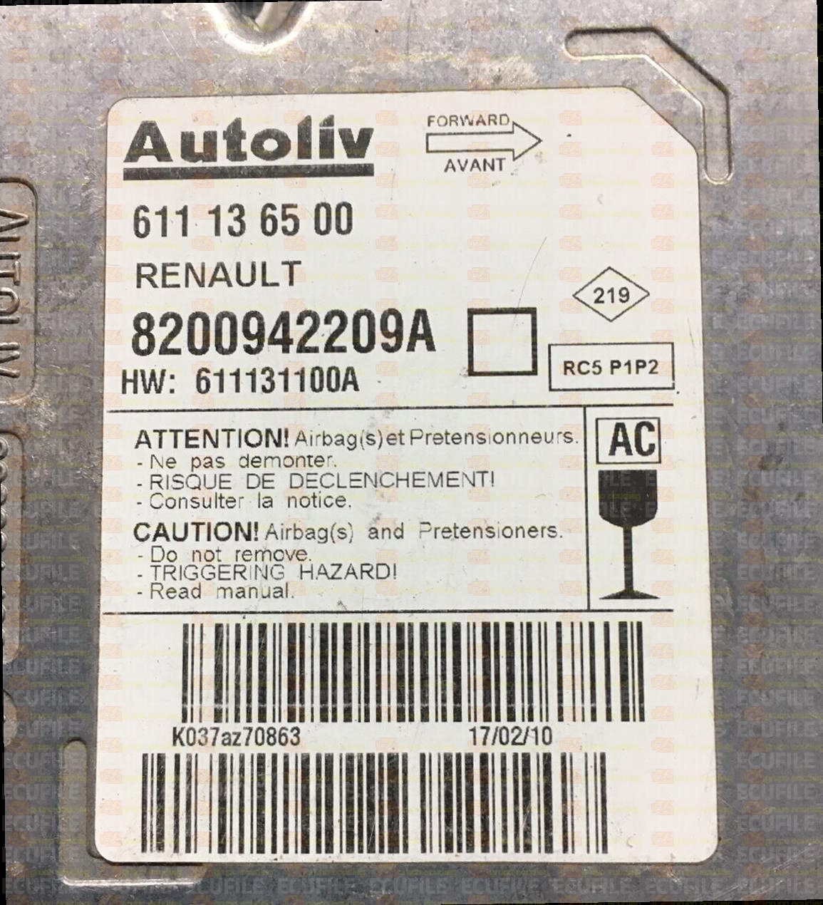 AUTOLIV RC5 P1P2 611136500 OPEL MOVANO 8200942209A HW 611131100A AC SW 0021