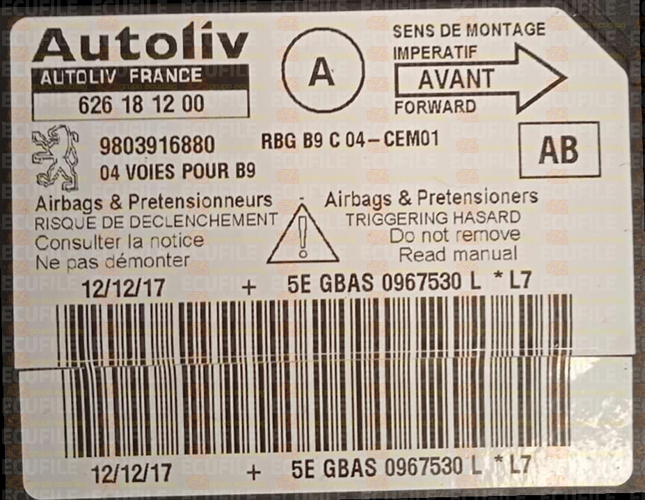 AUTOLIV 626181200 CITROEN BERLINGO PEUGEOT PARTNER 9803916880 AB