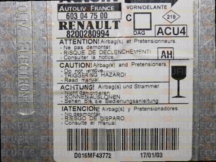 AUTOLIV ACU4 603047500 RENAULT MEGANE II 8200280994 AH EEPROM 95160