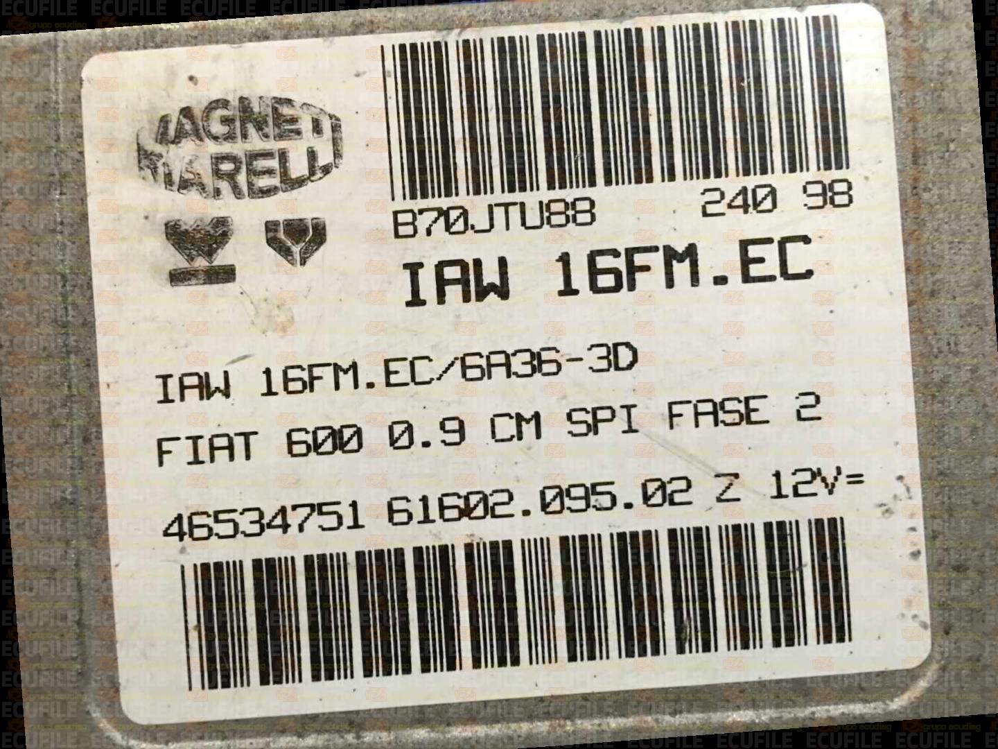 MAGNETI MARELLI IAW 16FM.EC 61602.095.02 FIAT 600 SEICENTO 0.9i 46534751 EEPROM MC68HC11F1