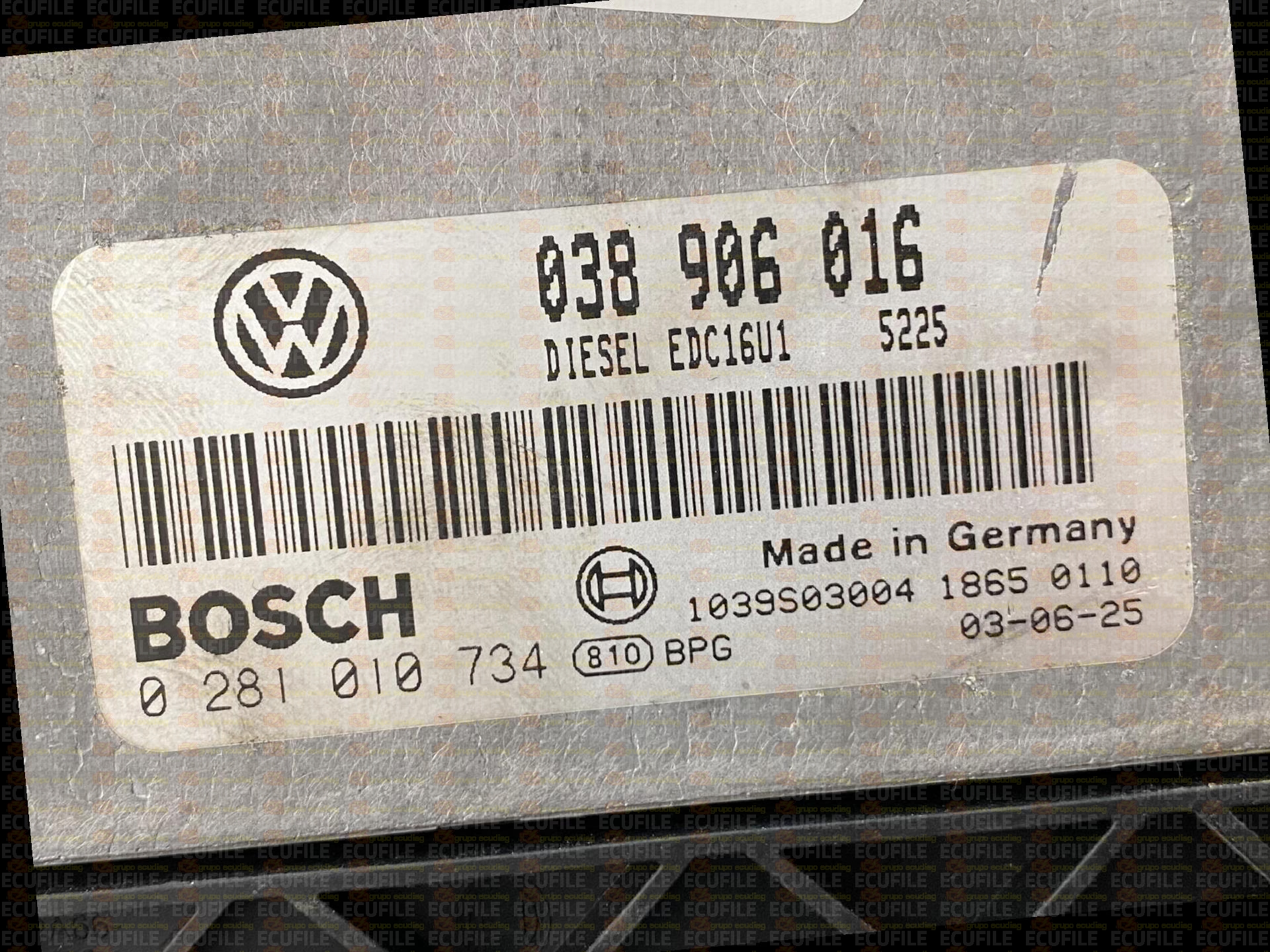 BOSCH EDC16U1-5.44 0281010734 VOLKSWAGEN TRANSPORTER V T5 1.9 TDI 85HP 038906016 5225 - 1037368205