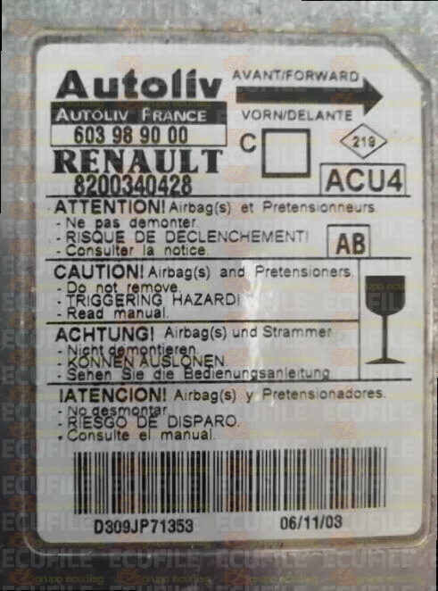 AUTOLIV ACU4 603989000 RENAULT MEGANE II 8200340428 AB EEPROM 95160